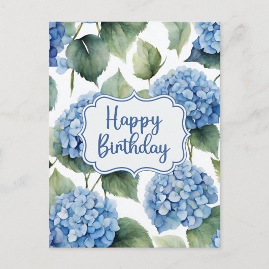 Carte Postale Joyeux anniversaire bleu Hydrangea Fleurs aquarell (Devant)