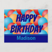 Carte Postale Joyeux Anniversaire Bleu Jaune Rouge Ballons & Nom (Devant)