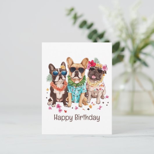 Carte Postale Joyeux Anniversaire Bouldogs Français Hawaïens Fle (Debout devant)