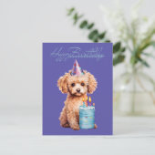 Carte Postale Joyeux Anniversaire Caniche avec Chapeau de Fête & (Debout devant)