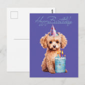 Carte Postale Joyeux Anniversaire Caniche avec Chapeau de Fête & (Devant / Derrière)