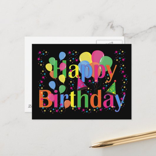 Carte Postale Joyeux Anniversaire, célébration festive d'anniver (Devant/Arrière en situation)