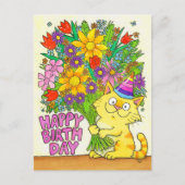 Carte Postale Joyeux Anniversaire Chat avec des Fleurs  (Devant)