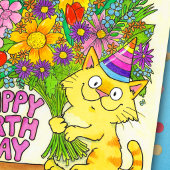 Carte Postale Joyeux Anniversaire Chat avec des Fleurs 