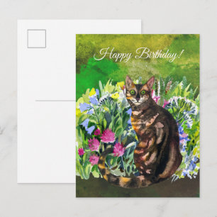 Carte Postale Joyeux Anniversaire Chat Bengal avec des fleurs