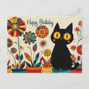 Carte Postale Joyeux Anniversaire Chat Noir avec Fleurs