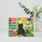 Carte Postale Joyeux anniversaire : chat noir ouvrant une fête d (Debout devant)