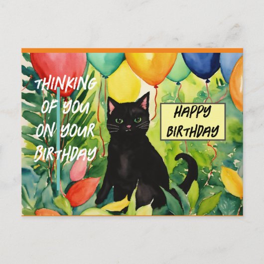 Carte Postale Joyeux anniversaire : chat noir ouvrant une fête d (Devant)