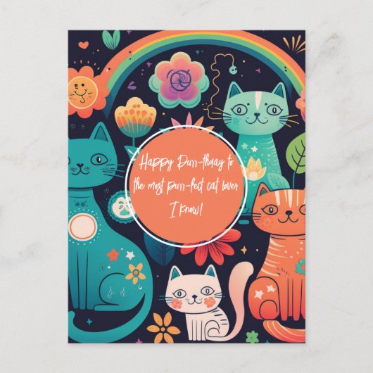 Carte Postale Joyeux Anniversaire Chat Style Boho Mignon (Devant)
