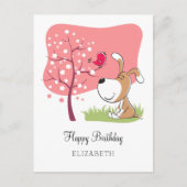 Carte Postale Joyeux Anniversaire Chien Chiot Puppy Oiseau Fleur (Devant)