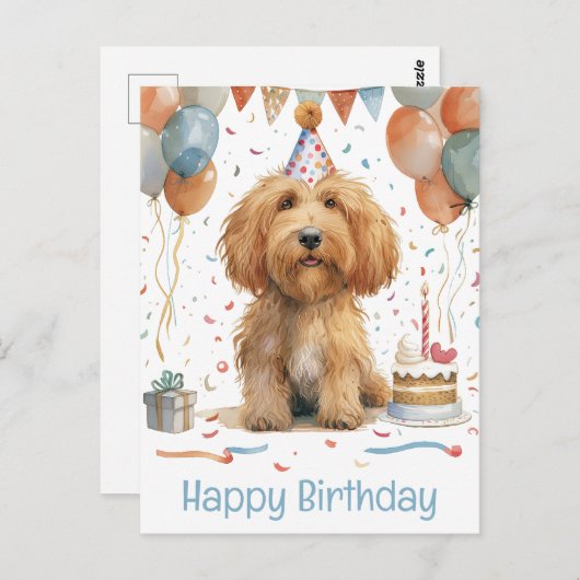 Carte Postale Joyeux Anniversaire Chien Goldendoodle (Devant / Derrière)