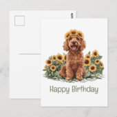 Carte Postale Joyeux Anniversaire Chien Goldendoodle Couronne de (Devant / Derrière)