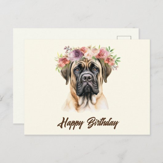 Carte Postale Joyeux Anniversaire Chien Mastiff Anglais avec des (Devant / Derrière)