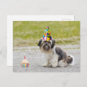 Carte Postale Joyeux Anniversaire Chien Mignon avec Gâteau (Devant / Derrière)