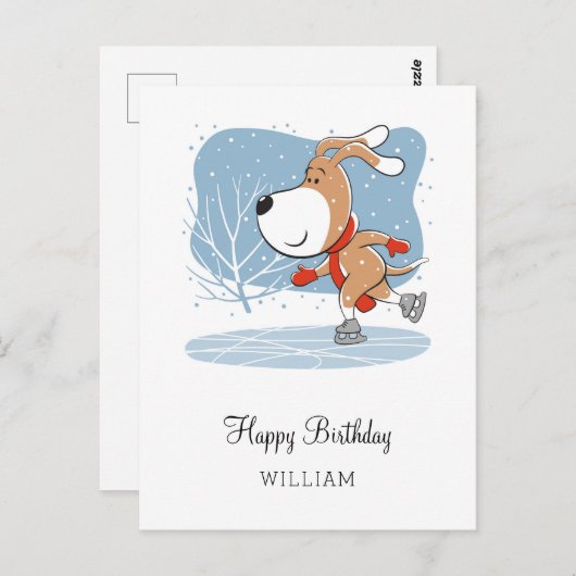 Carte Postale Joyeux anniversaire chien mignon chiot patinage am (Devant / Derrière)