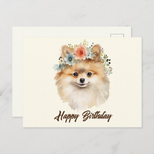 Carte Postale Joyeux Anniversaire Chien Pomeranian Mignon avec d (Devant / Derrière)