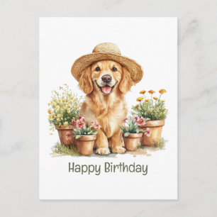 Carte Postale Joyeux Anniversaire Chien Retriever Doré Jardinage