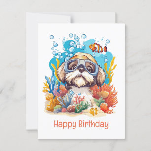 Carte Postale Joyeux Anniversaire Chien Shih Tzu Plongeant Récif