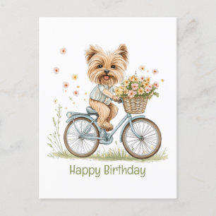 Carte Postale Joyeux Anniversaire Chien Yorkshire Vélo Fleurs de
