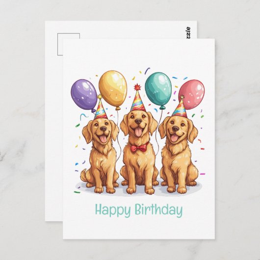 Carte Postale Joyeux Anniversaire Chiens Retriever Dore (Devant / Derrière)
