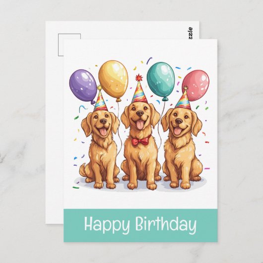 Carte Postale Joyeux Anniversaire Chiens Retriever Doré (Devant / Derrière)