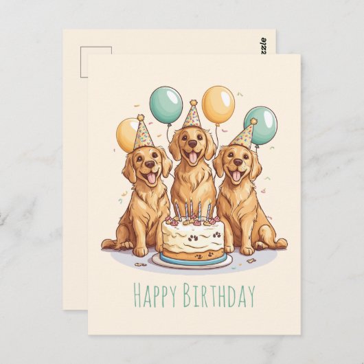 Carte Postale Joyeux Anniversaire Chiens Retriever Doré (Devant / Derrière)