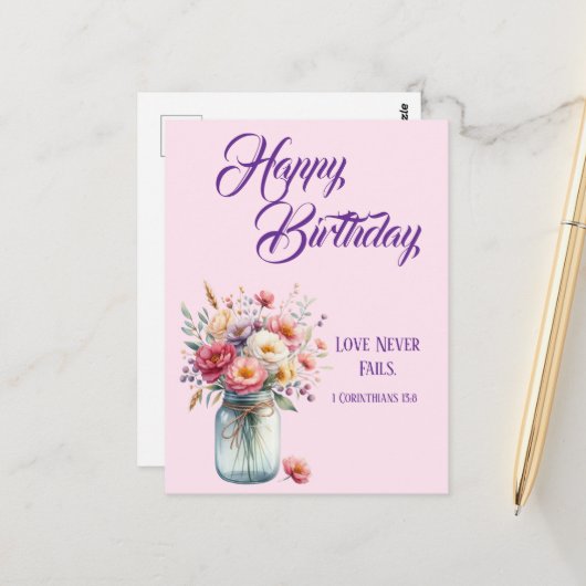 Carte Postale Joyeux Anniversaire Chrétien Love Never Fails (Devant/Arrière en situation)