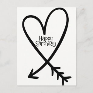 Carte Postale Joyeux Anniversaire Cœur Simple Flèche Texte Noir
