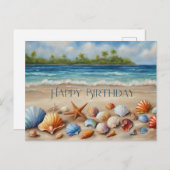 Carte Postale Joyeux Anniversaire Coquillages sur Plage Tropical (Devant / Derrière)