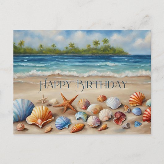Carte Postale Joyeux Anniversaire Coquillages sur Plage Tropical (Devant)