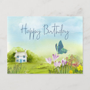Carte Postale Joyeux Anniversaire Cottage d'Été Aquarelle
