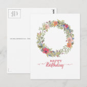 Carte Postale Joyeux Anniversaire Couronne De Fleurs Aquarelle (Devant / Derrière)