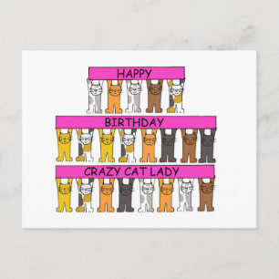 Carte Postale Joyeux Anniversaire Crazy Cat Lady, Cartoon Cats.