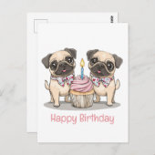 Carte Postale Joyeux Anniversaire Cupcake pour Chiens Carlins (Devant / Derrière)