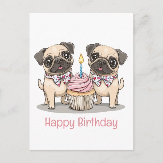 Carte Postale Joyeux Anniversaire Cupcake pour Chiens Carlins (Devant)