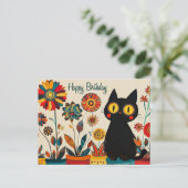 Carte Postale Joyeux Anniversaire Cute Chat Noir avec Fleurs (Debout devant)