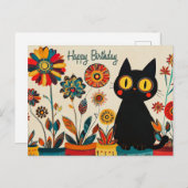 Carte Postale Joyeux Anniversaire Cute Chat Noir avec Fleurs (Devant / Derrière)