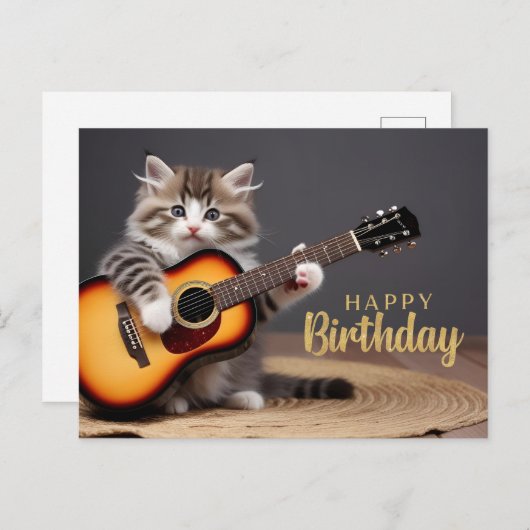 Carte Postale Joyeux Anniversaire Cute Kitten Jouer de la guitar (Devant / Derrière)