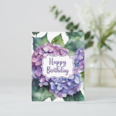 Carte Postale Joyeux Anniversaire de fleurs d'hydrangée violette (Debout devant)