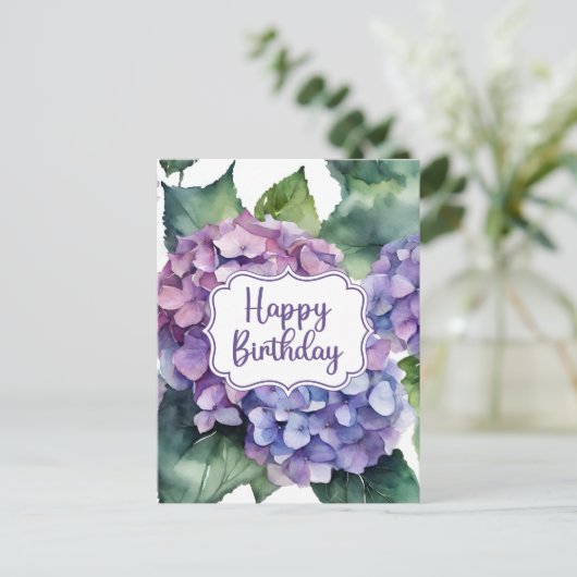 Carte Postale Joyeux Anniversaire de fleurs d'hydrangée violette (Debout devant)