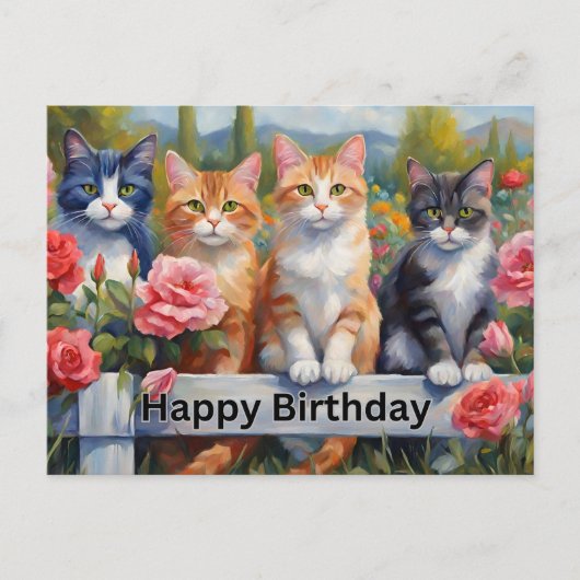 Carte Postale Joyeux Anniversaire de mignons chats à Flower Gard (Devant)