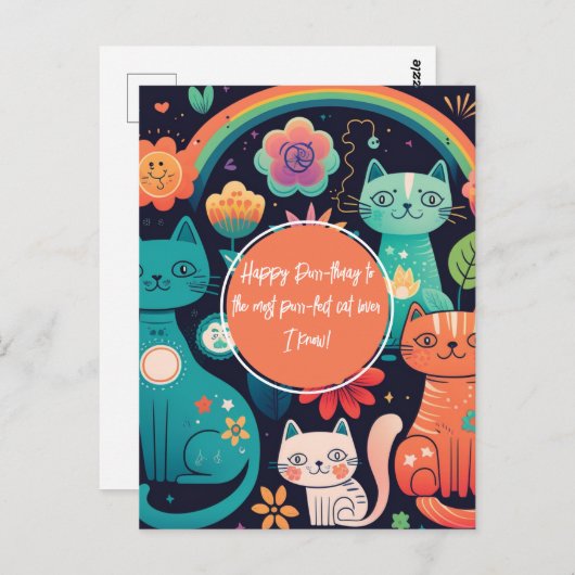 Carte Postale Joyeux Anniversaire de Style Boho pour Chat Mignon (Devant / Derrière)