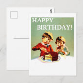 Carte Postale Joyeux anniversaire, deux enfants mangent du gâtea (Devant / Derrière)