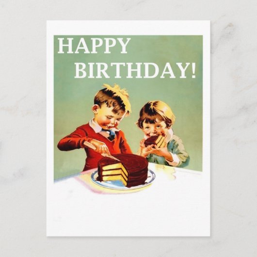 Carte Postale Joyeux anniversaire, deux enfants mangent du gâtea (Devant)
