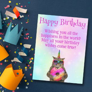 Carte Postale joyeux anniversaire drôle chat avec script rose be