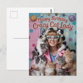 Carte Postale Joyeux Anniversaire drôle rétro Dame Chat Fou (Devant / Derrière)