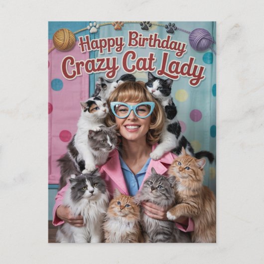 Carte Postale Joyeux Anniversaire drôle rétro Dame Chat Fou (Devant)