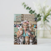 Carte Postale Joyeux Anniversaire drôle rétro Dame Chat Fou (Debout devant)