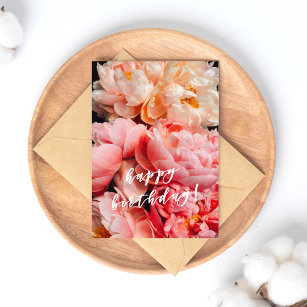 Carte Postale Joyeux anniversaire ! Élégante Peonies rose et pêc