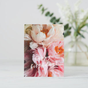 Carte Postale Joyeux Anniversaire ! Élégantes Pivoines Roses et